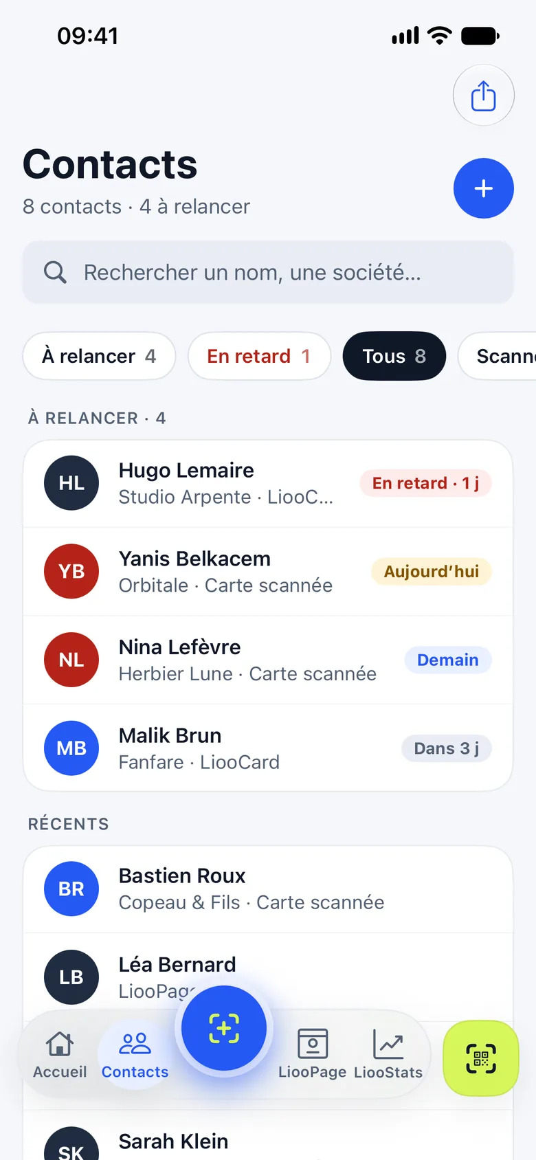Carnet de contacts : à relancer, en retard, aujourd’hui