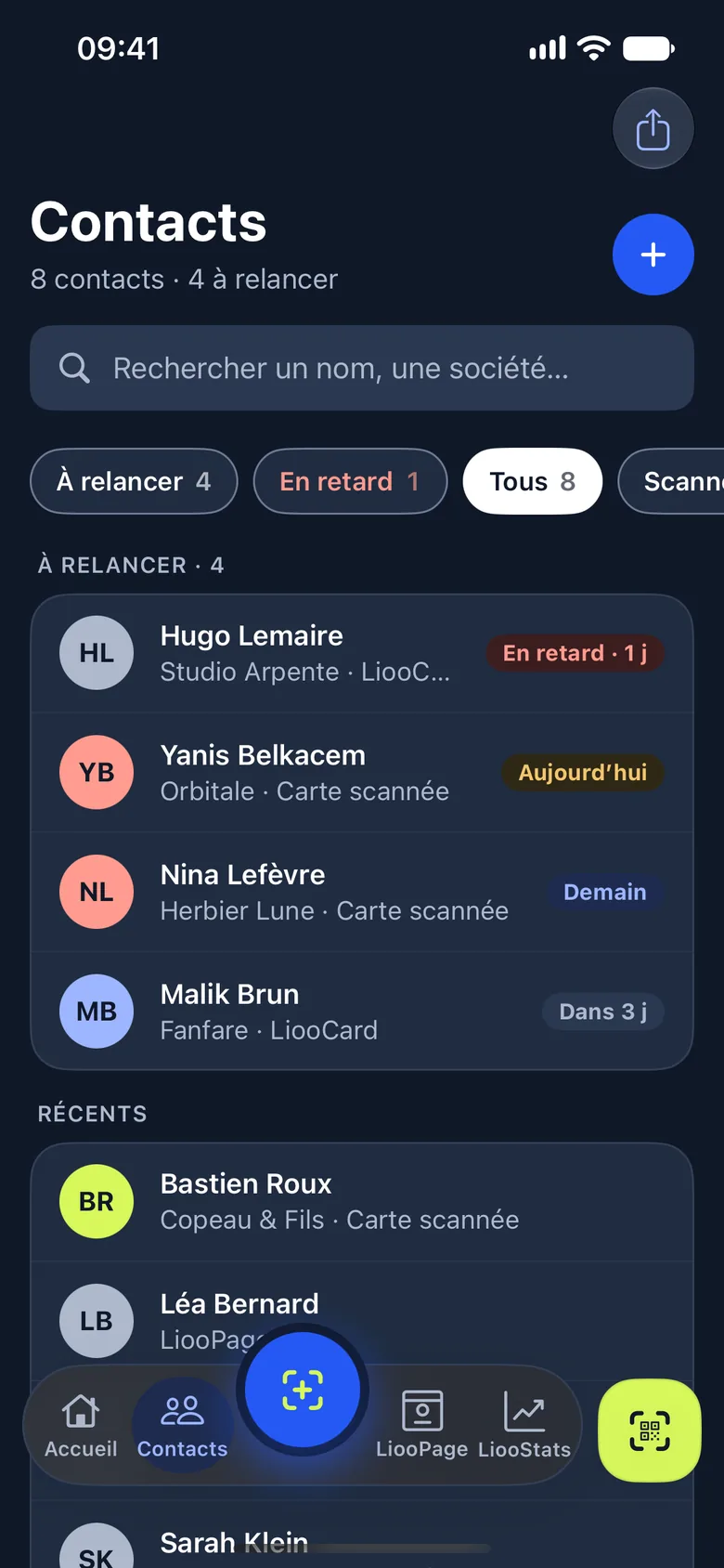 Carnet de contacts : à relancer, en retard, aujourd’hui