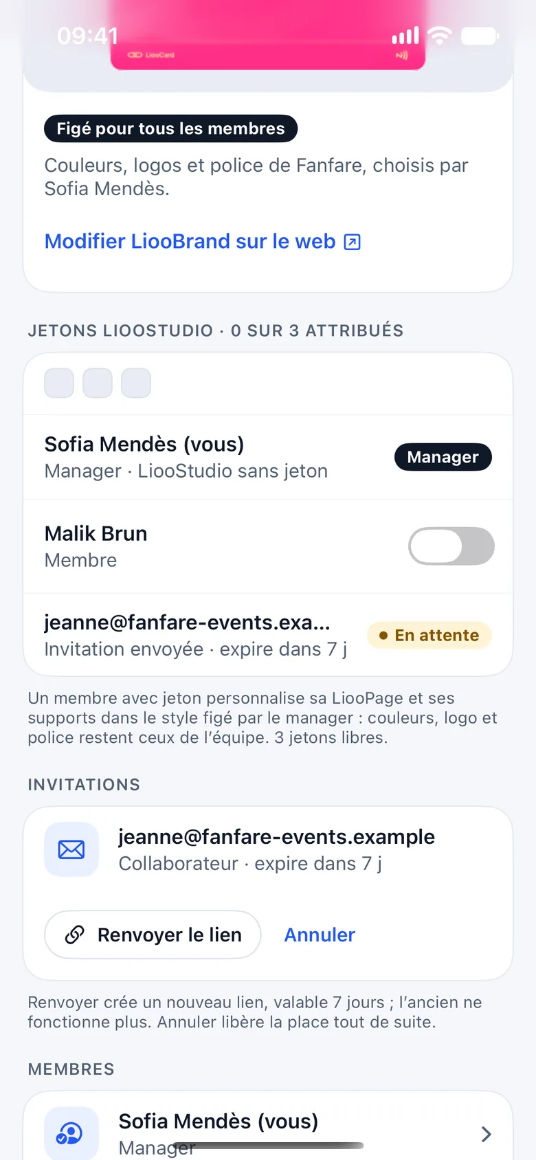 Écran Équipe du manager : les jetons LiooStudio, les membres et une invitation en attente