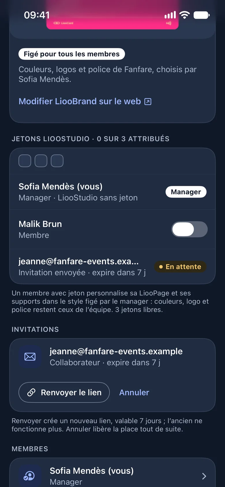 Écran Équipe du manager : les jetons LiooStudio, les membres et une invitation en attente