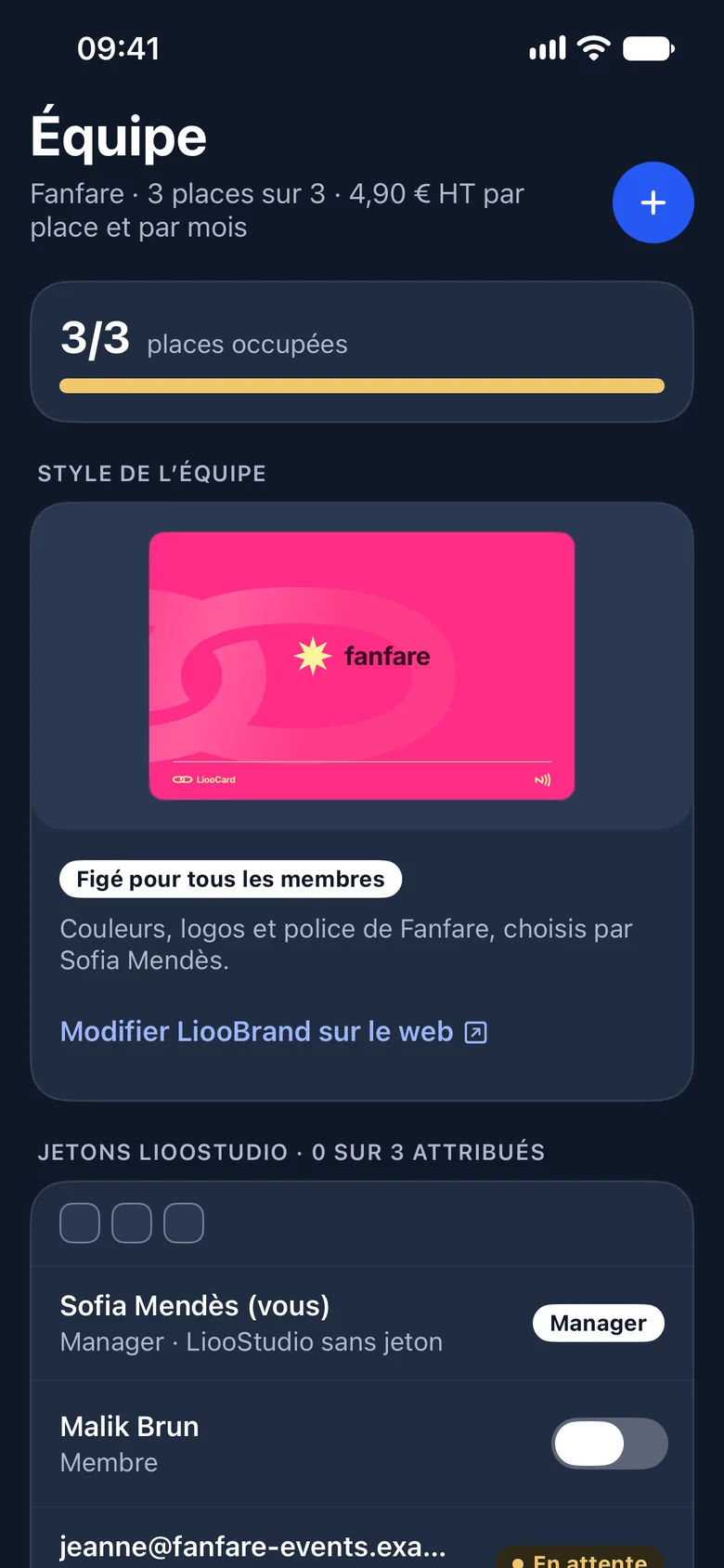 Écran Équipe : le style de l’équipe, couleurs, logos et police, figé par le manager pour tous les membres