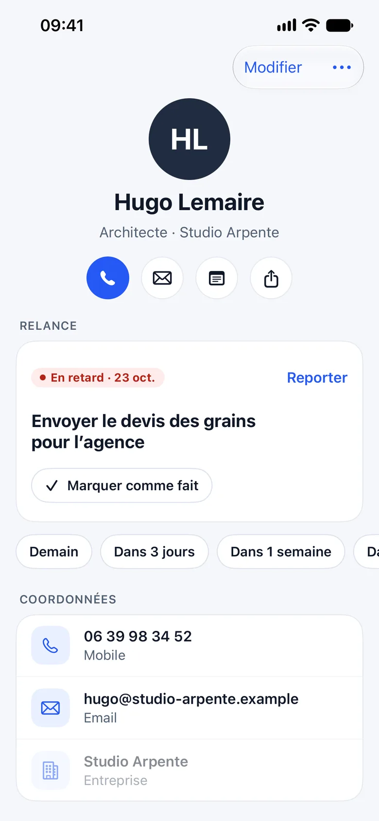 Fiche d’un contact : relance en retard, Marquer comme fait, Reporter