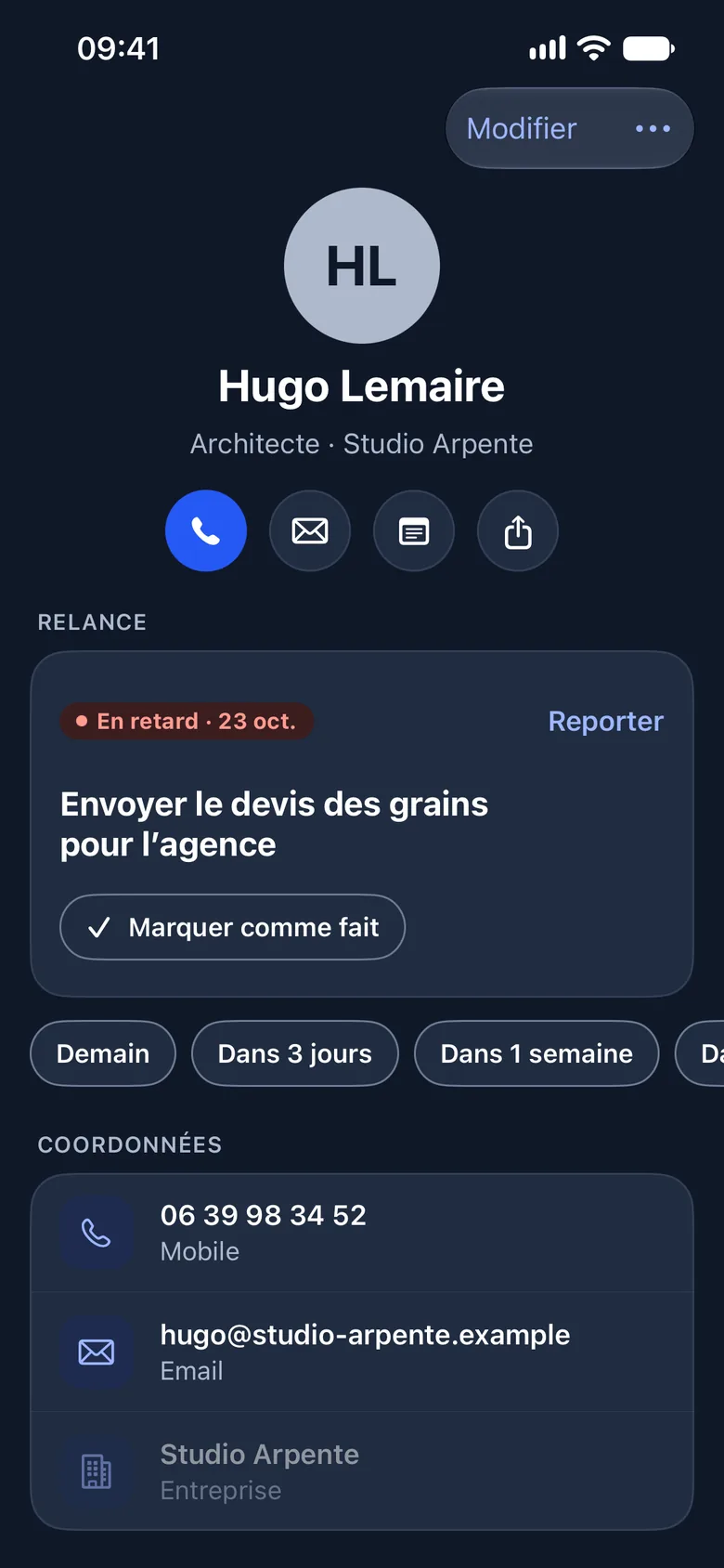 Fiche d’un contact : relance en retard, Marquer comme fait, Reporter