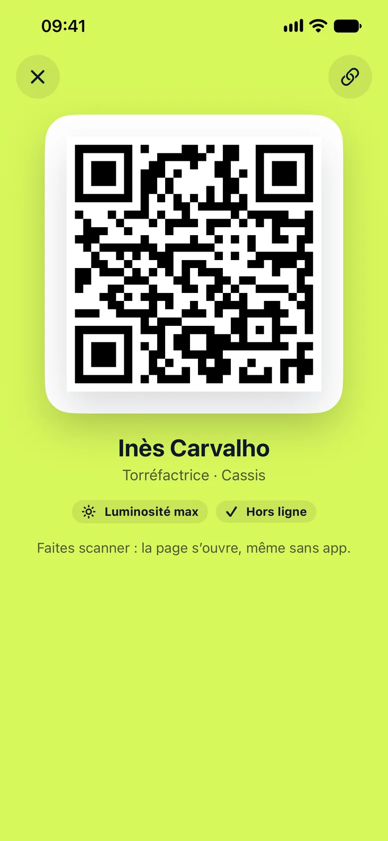 Mon QR en plein écran, avec la mention hors ligne