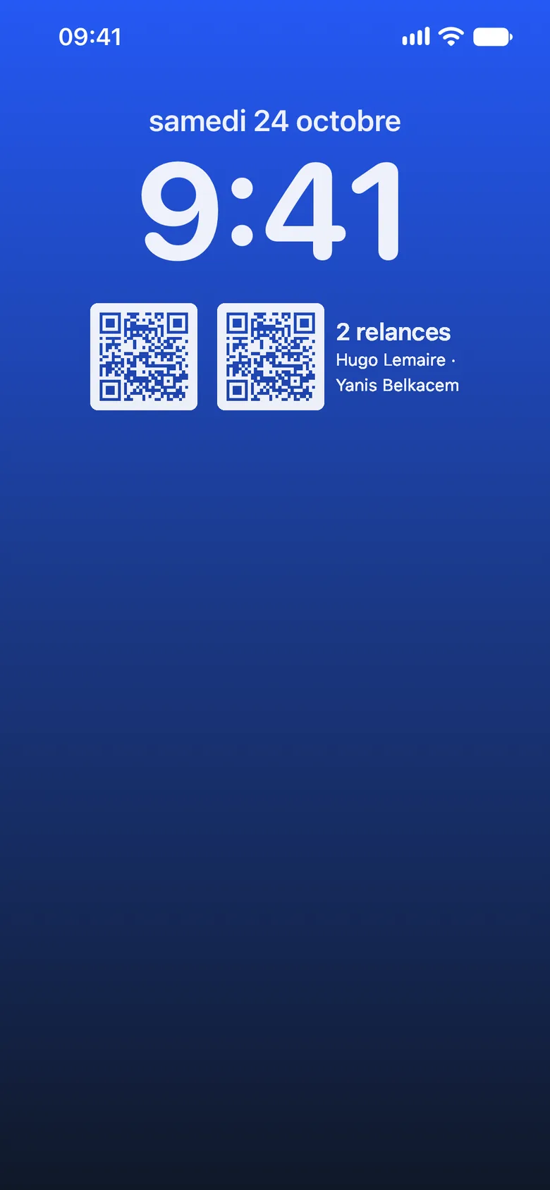 Les widgets HeyLioo de l’écran verrouillé : QR et relances du jour (écran simulé)